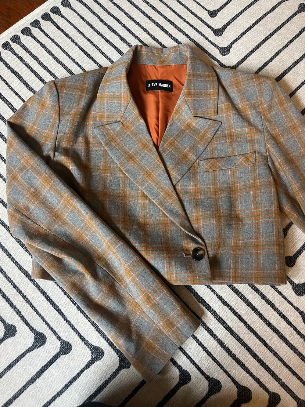 Steve Madden Cropped Gray Plaid Blazer with Orange Lining